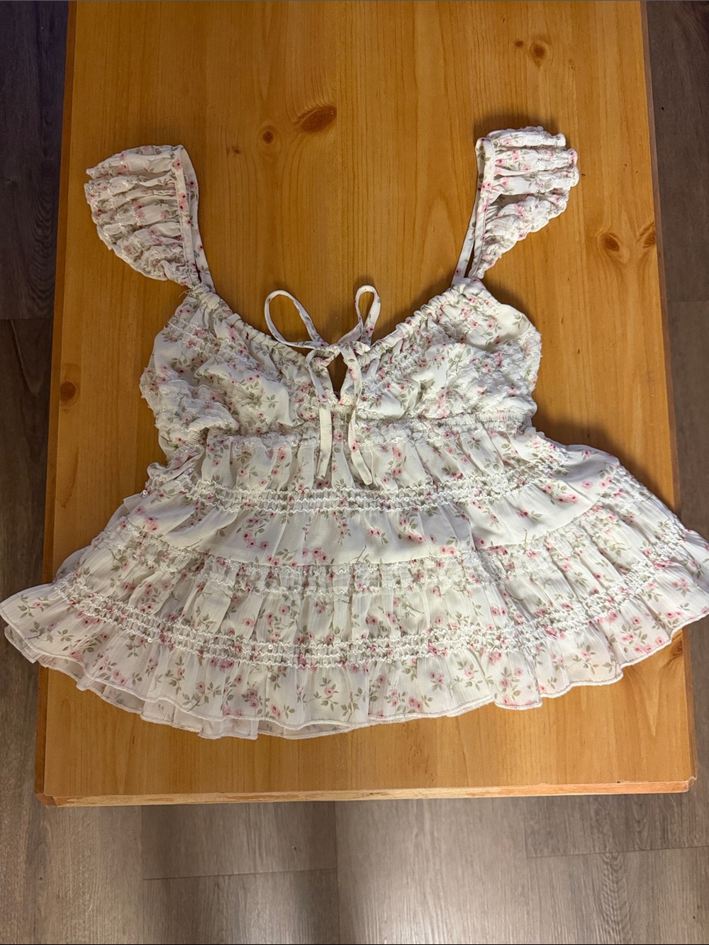Floral Ruffle Babydoll Tank Top in Cream with Pink Blossoms